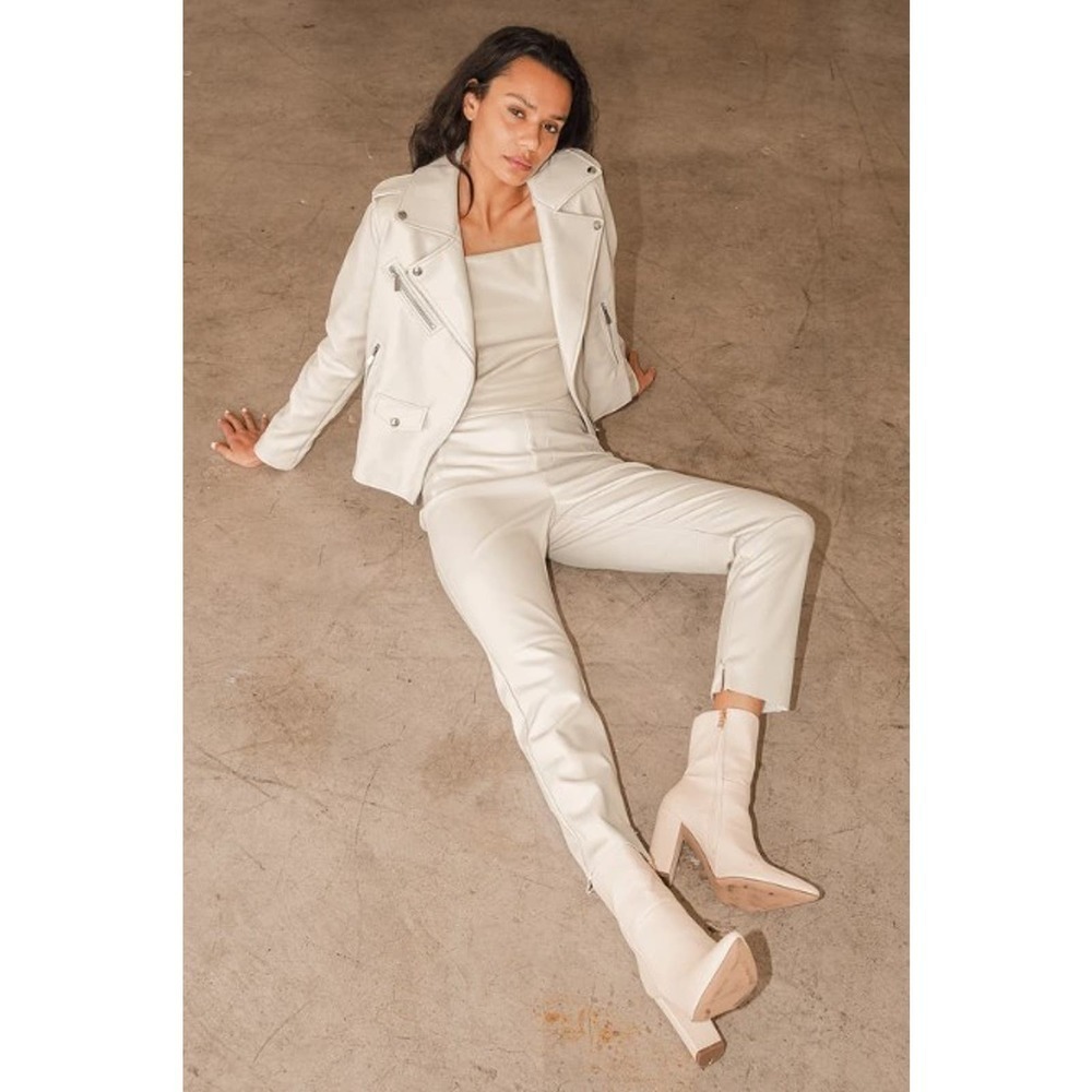 Lulus NWT Out for the Night Vegan Faux Leather Moto Jacket Chambray Beige Small